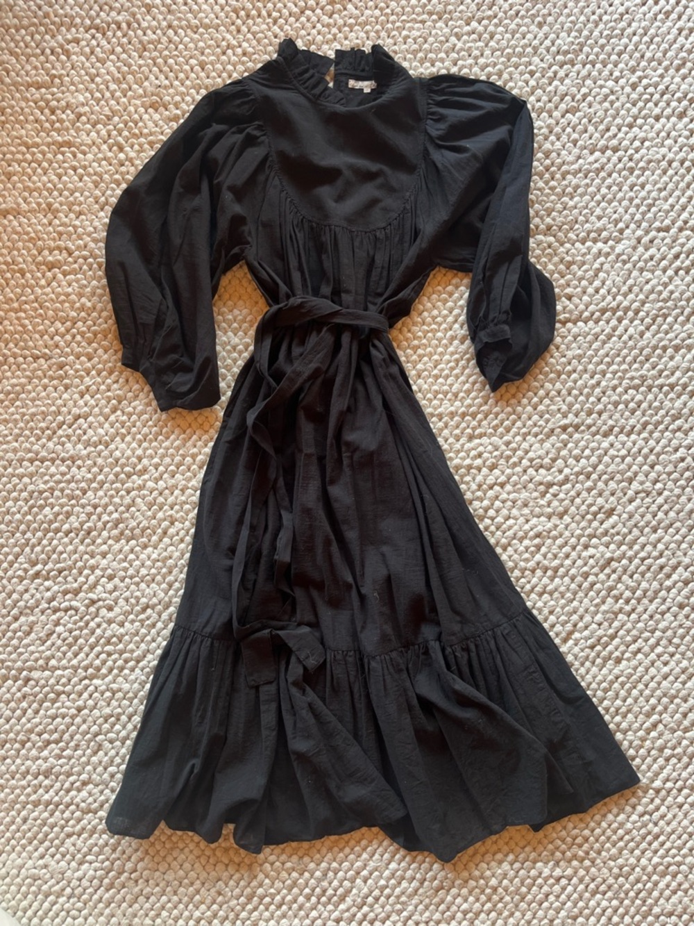 Black Kara Thoms Maxi Dress with Waist Tie and Puff Sleeves